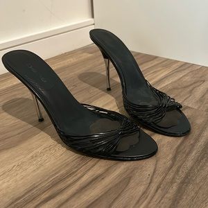 Vintage 4” black Bebe Strappy Stilettos with Metallic/Silver Heel